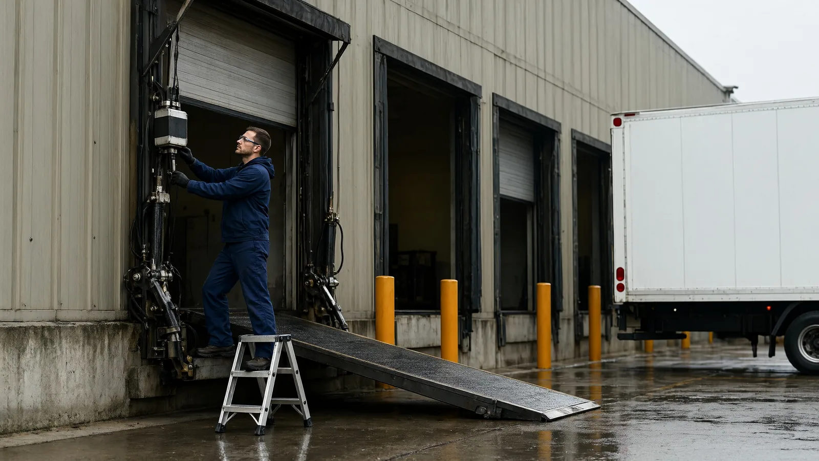 Technician in blue workwear inspecting the track and operator of a raised steel loading dock door