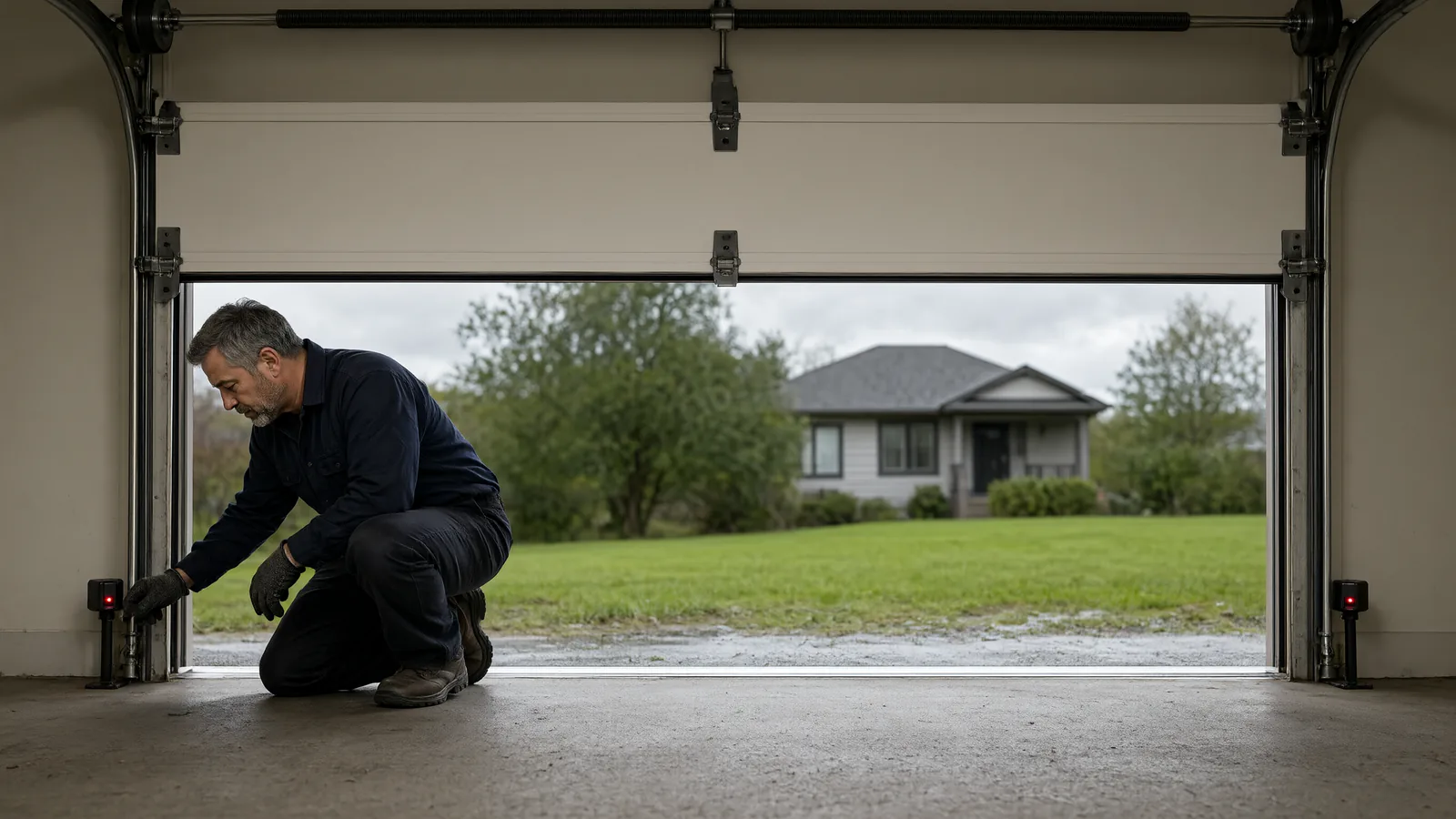 Technician checking the photoelectric safety sensor beside a residential sectional garage door