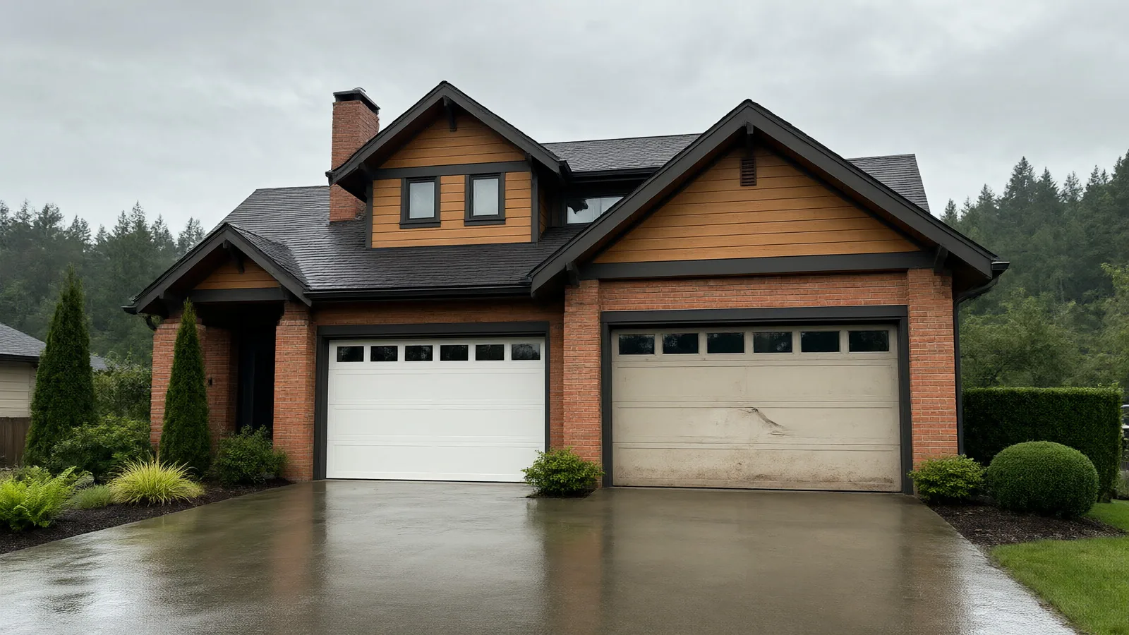 Two garage doors on one BC home: a clean new white door beside a faded, dented older door